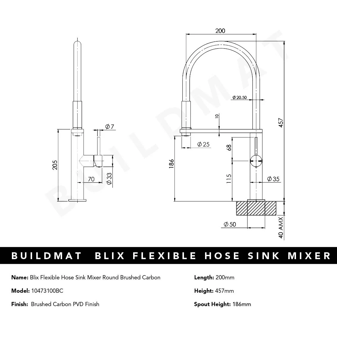 Phoenix Blix Flexible Hose Brushed Carbon Sink Mixer Round - Image 4