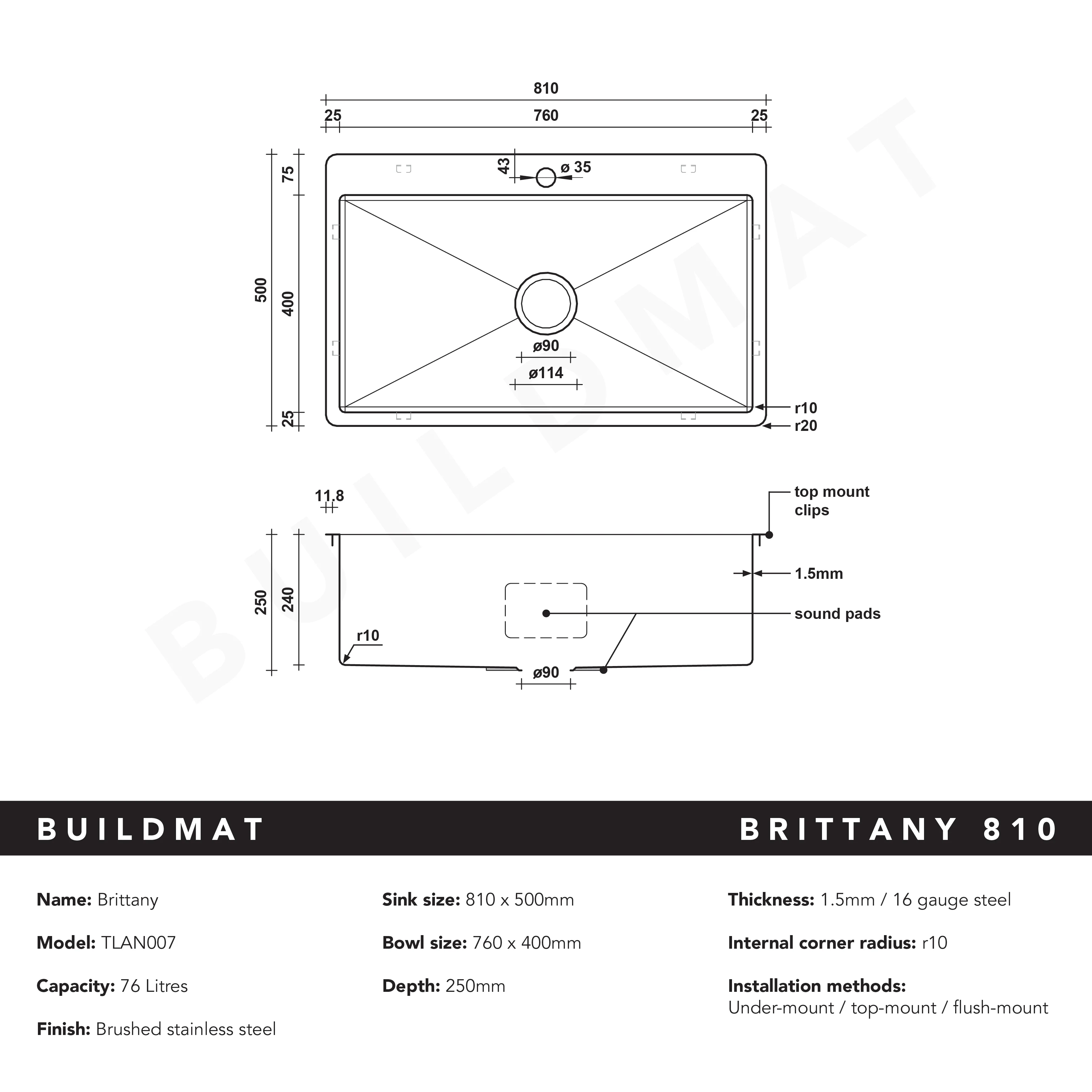 Alma Brittany 810x500 XLarge Single Bowl Tap Landing Sink - Image 4