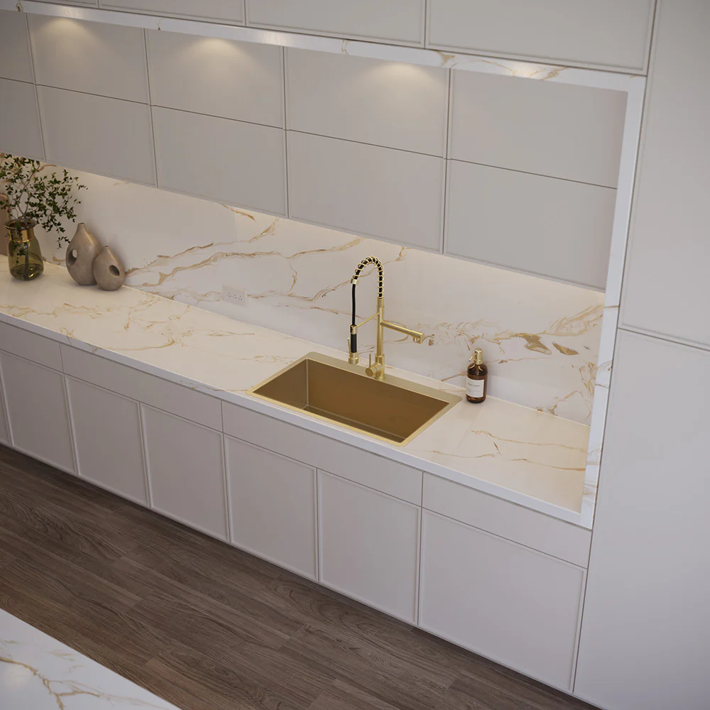 Alma Brittany 810x500 XLarge Single Bowl Tap Landing Sink Brushed Brass Gold - Image 2