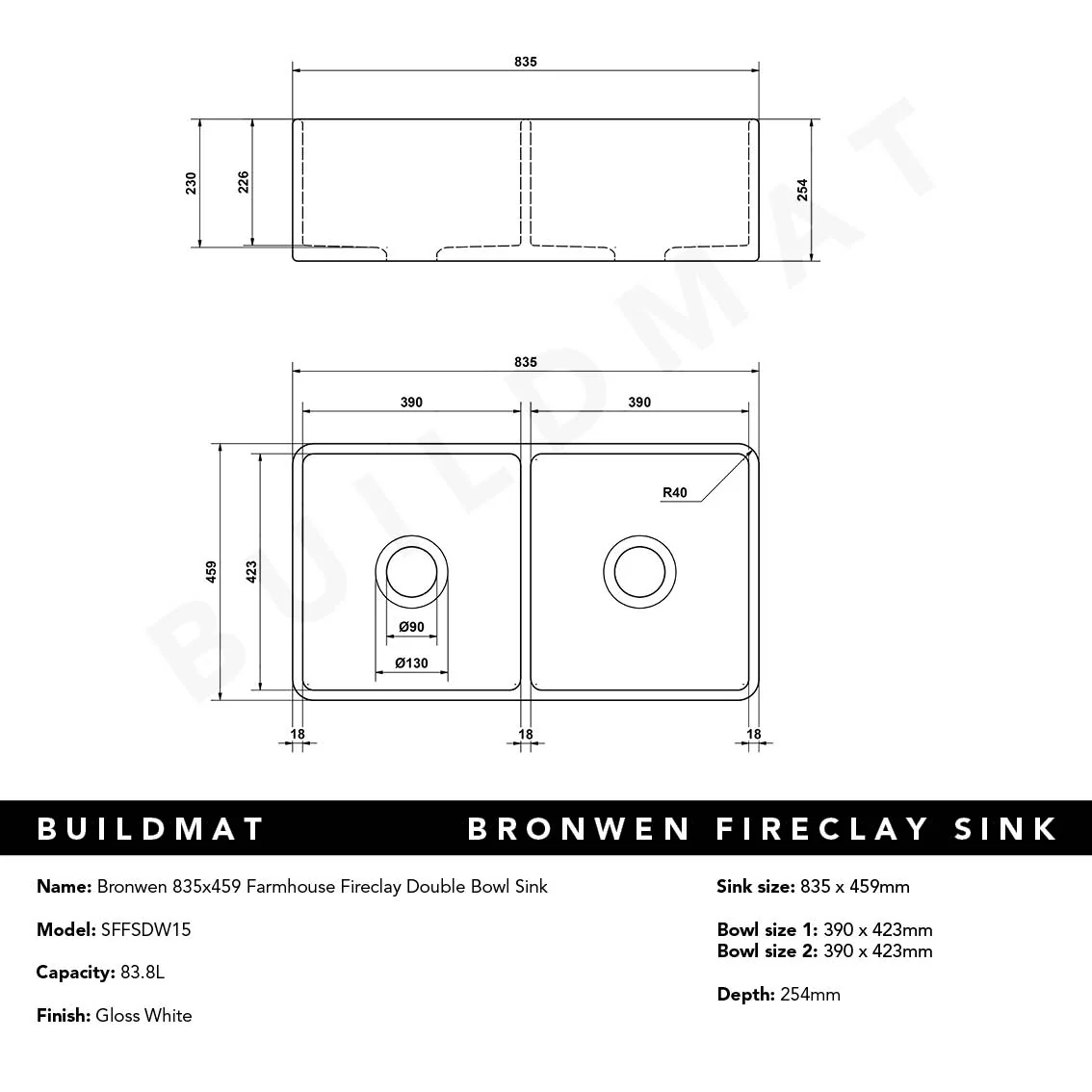 Alma Bronwen 835x459 Gloss White Farmhouse Fireclay Double Bowl Sink - Image 8