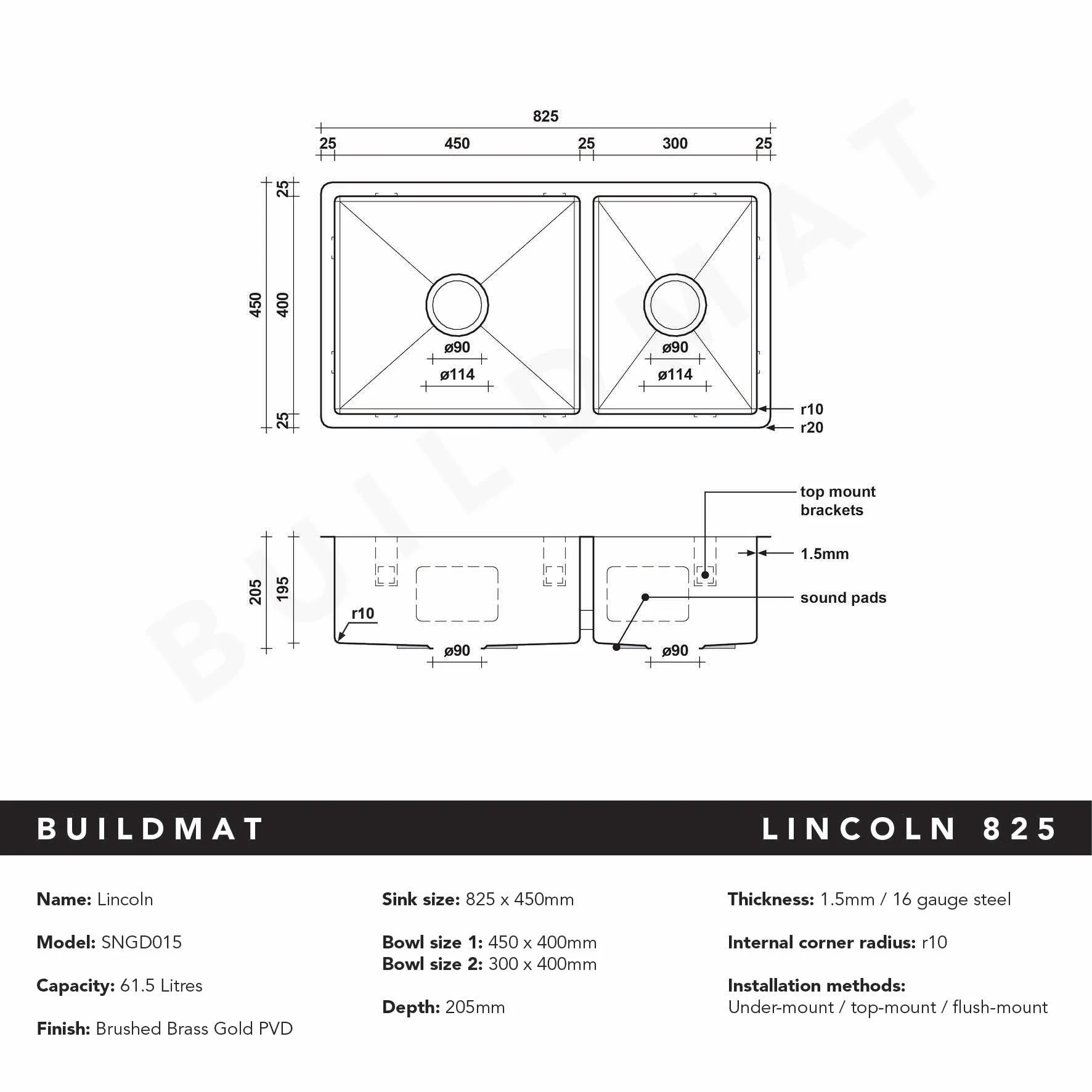 Alma Brushed Brass Gold Lincoln 825x450 Single +3/4 Bowl Sink - Image 5