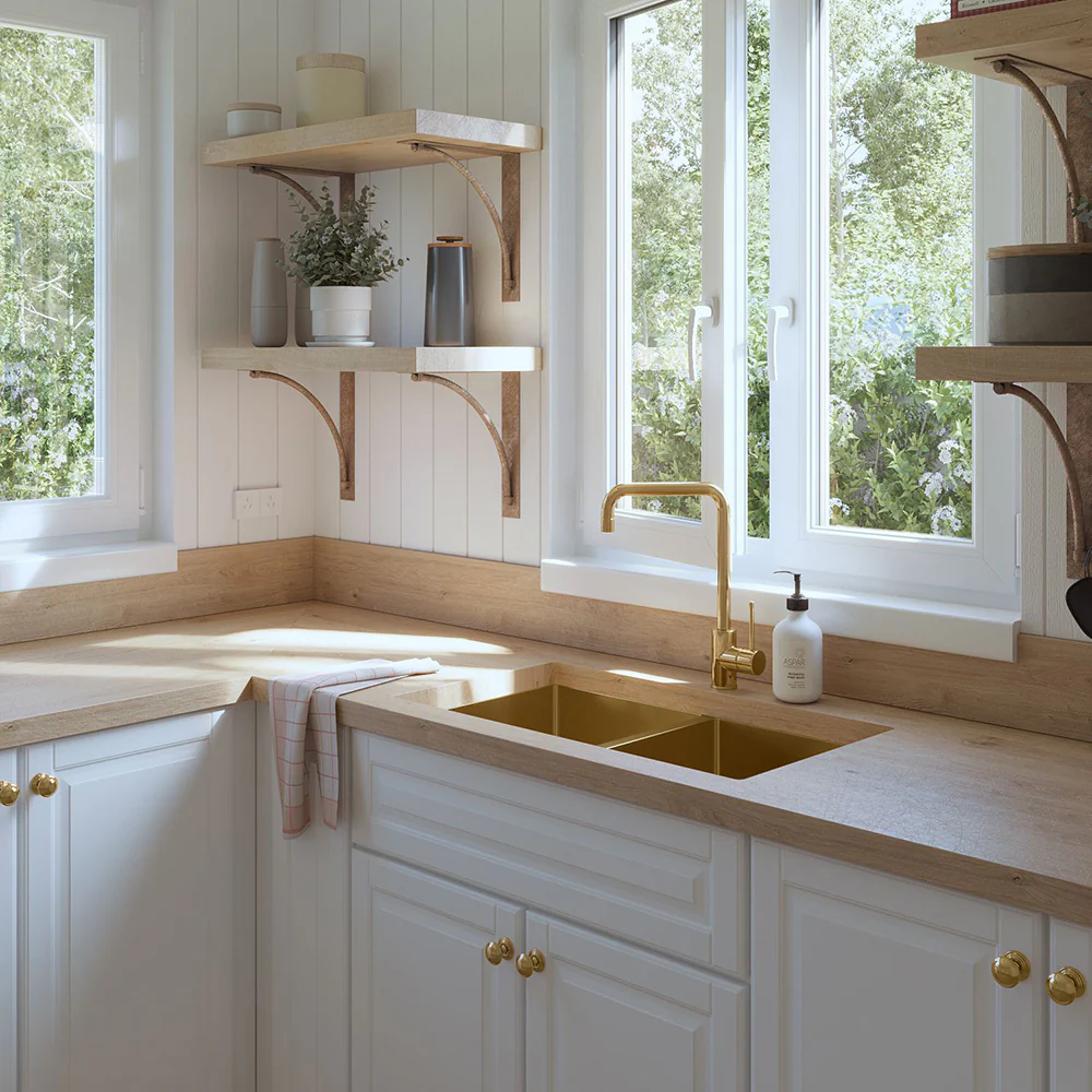Alma Brushed Brass Gold Madison 775x450 Double Bowl Sink - Image 5