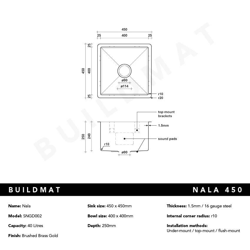 Alma Brushed Brass Gold Nala 450x450 Single Bowl Sink - Image 4