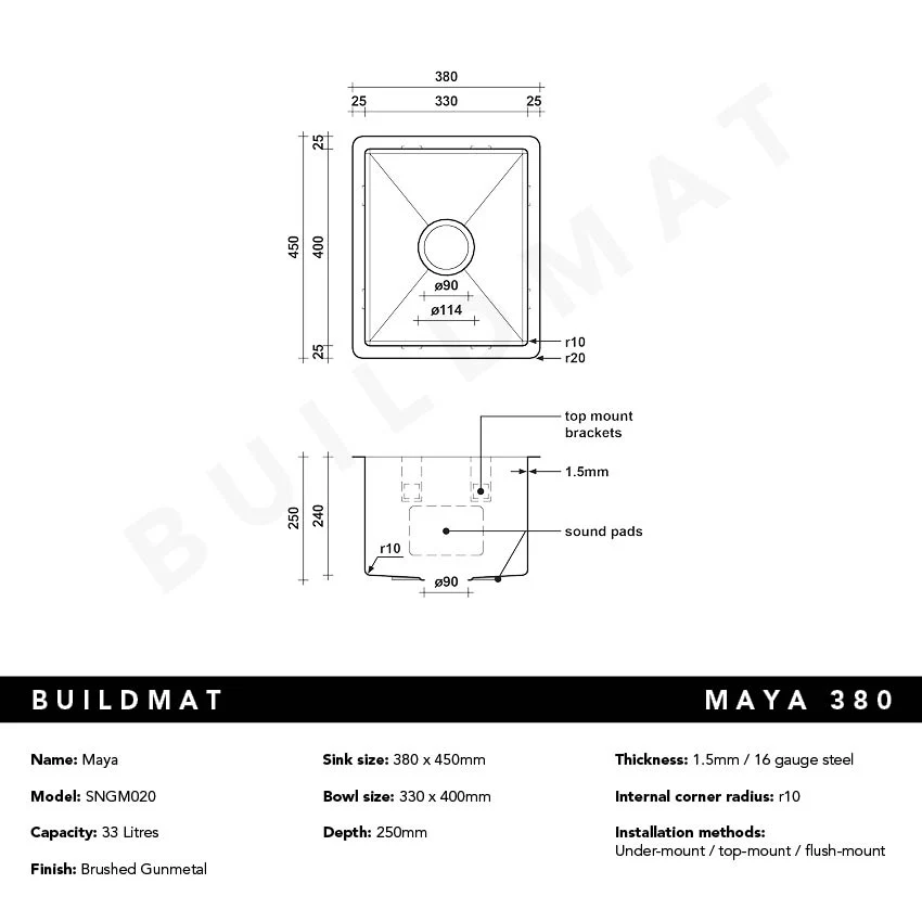 Alma Brushed Gunmetal Maya 380x450 Single Bowl Sink - Image 5