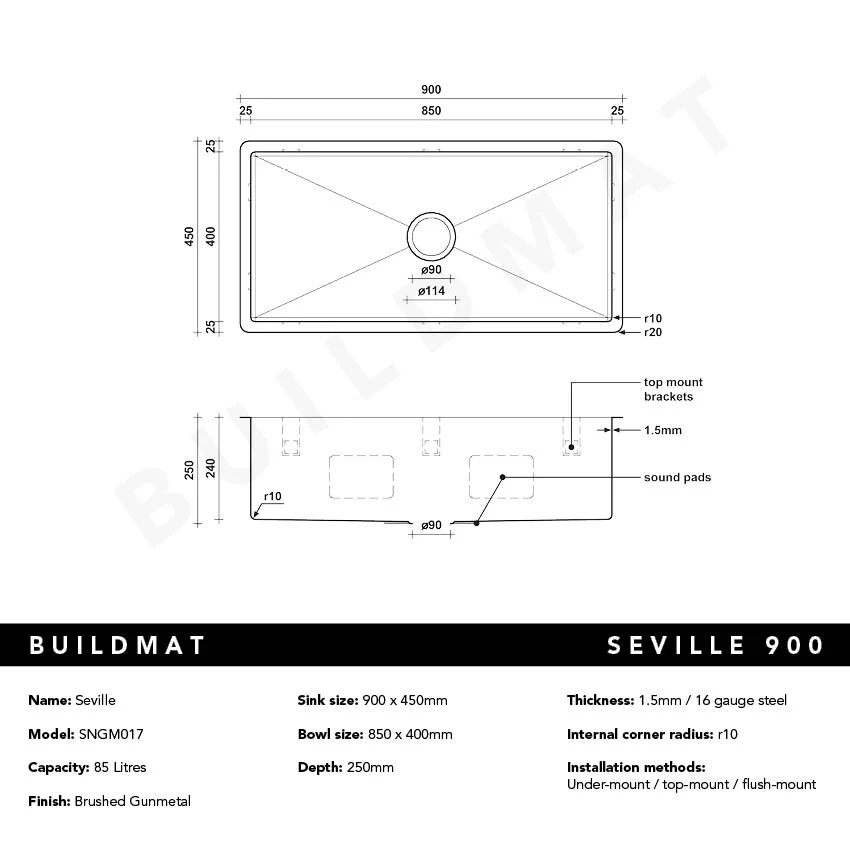 Alma Brushed Gunmetal Seville 900x450 XXLarge Single Bowl Sink - Image 5