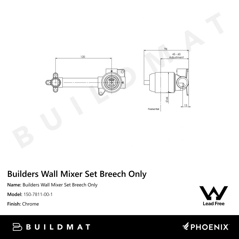 Phoenix Builders Wall Mixer Set (Breech Only) Lead Free Chrome - Image 4