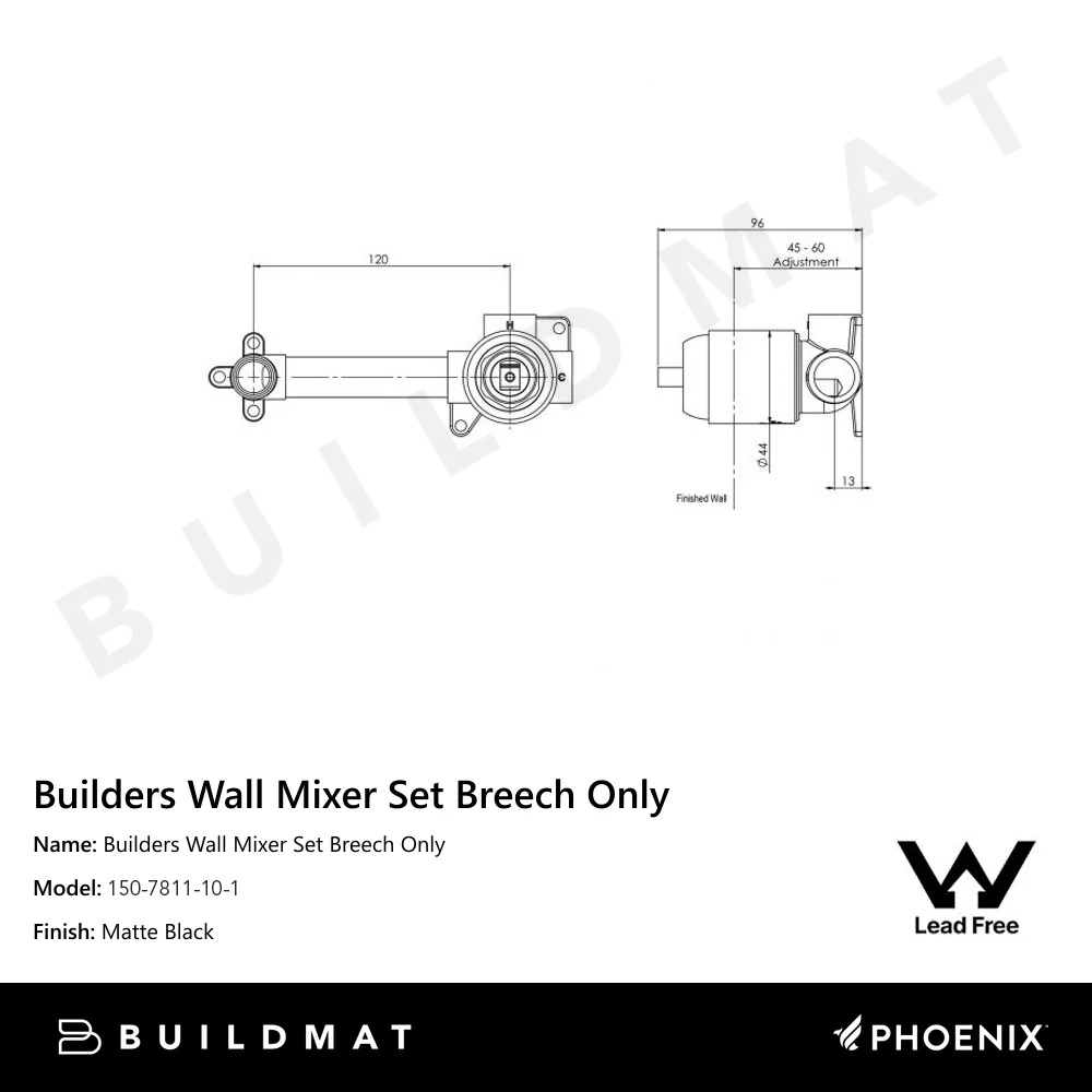 Phoenix Builders Wall Mixer Set (Breech Only) Lead Free Matte Black - Image 4