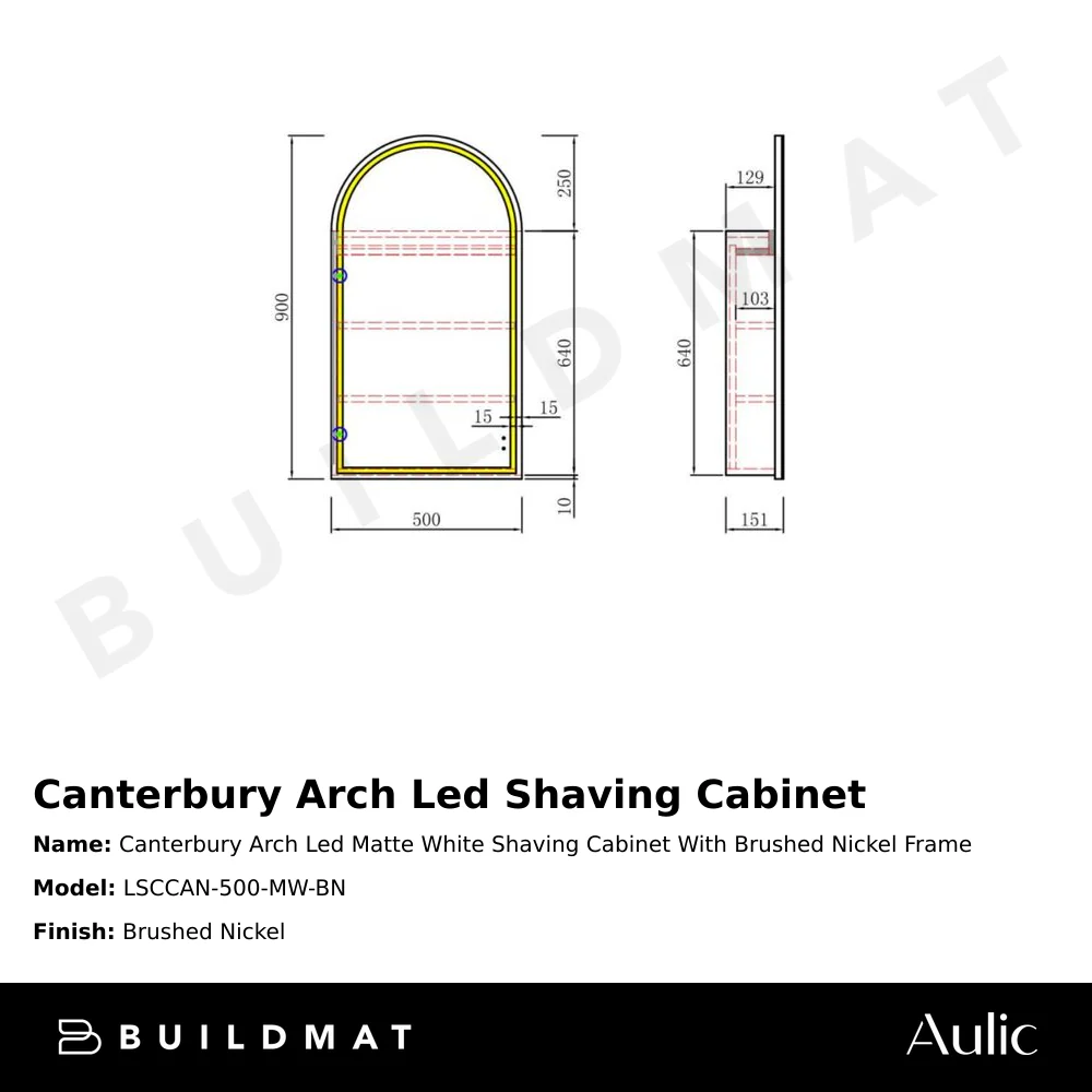 Aulic Canterbury Arch LED Matte White Shaving Cabinet With Brushed Nickel Frame - Image 4