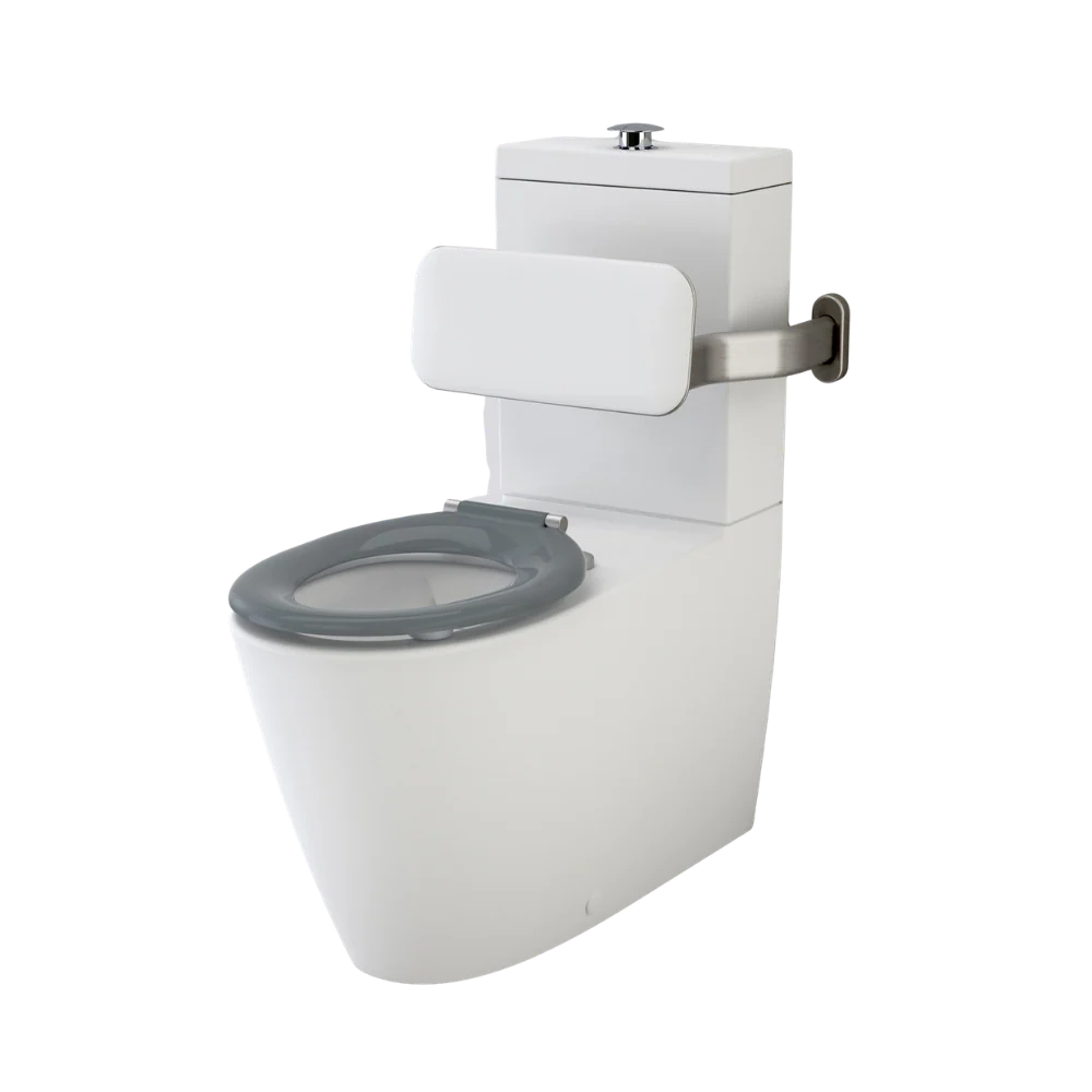 Caroma Care 800 Cleanflush Wall Faced with Backrest and Pedigree II Care Single Flap Seat with GermGard Anthracite Grey