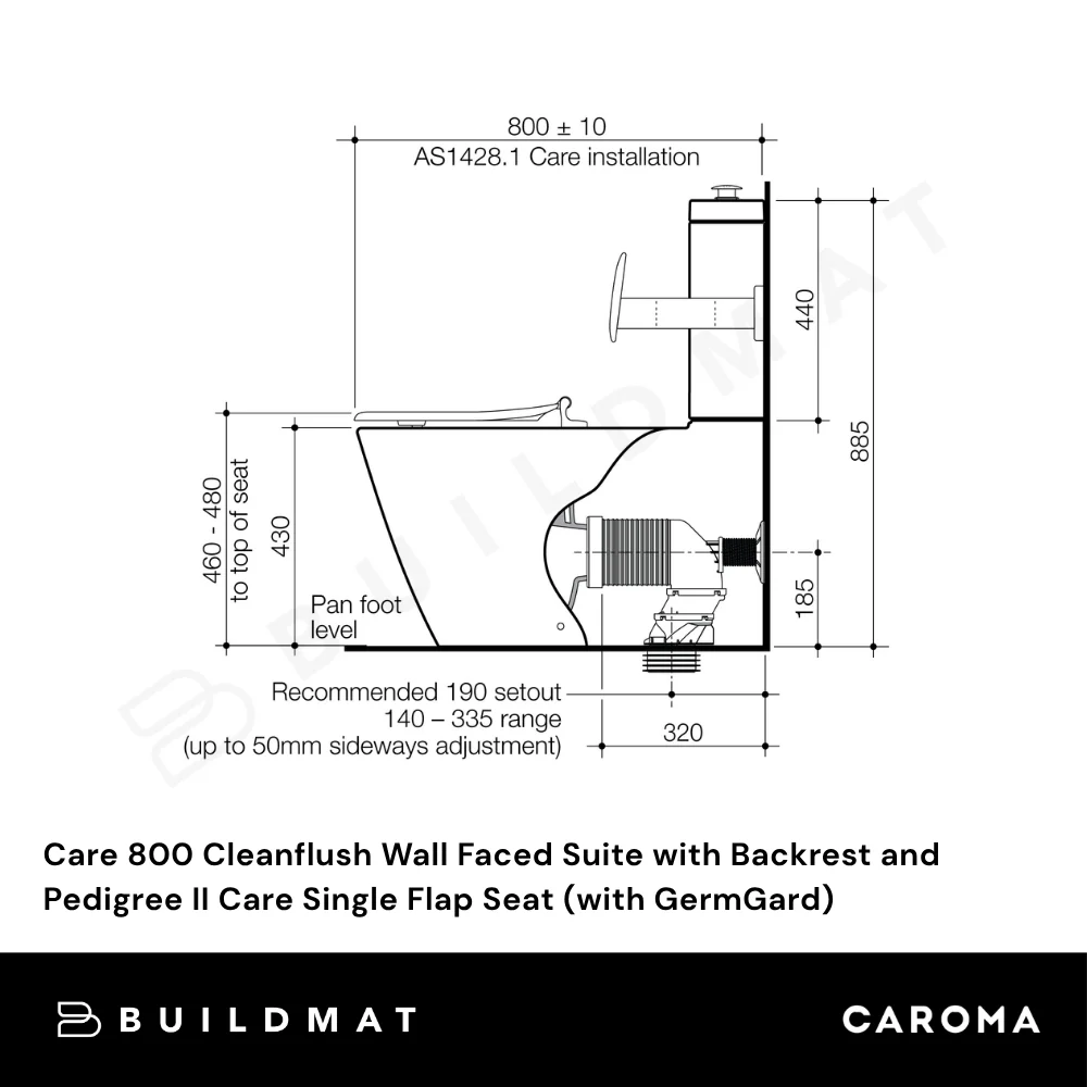 Caroma Care 800 Cleanflush Wall Faced with Backrest and Pedigree II Care Single Flap Seat with GermGard Anthracite Grey - Image 4