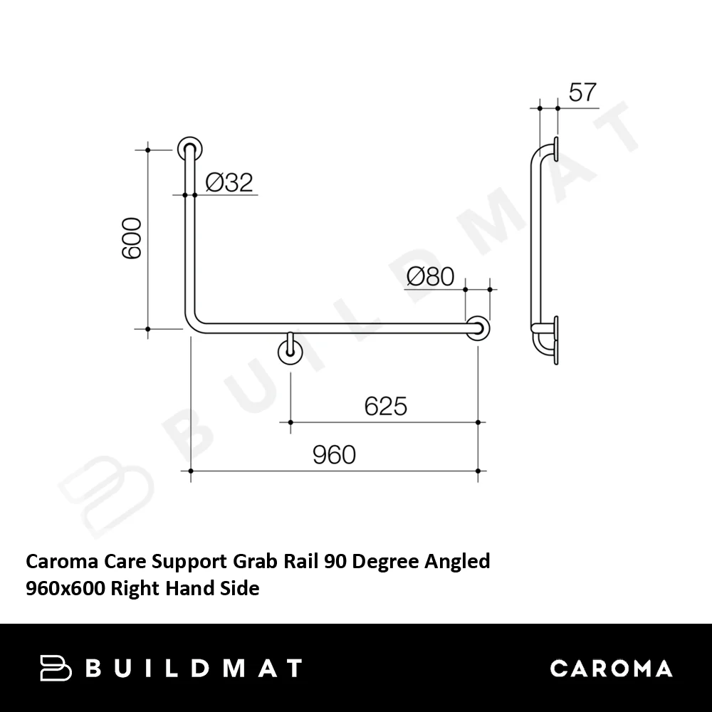 Caroma Care Support Grab Rail 90 Degree Angled 960x600 Right Hand Side Brushed Nickel - Image 4