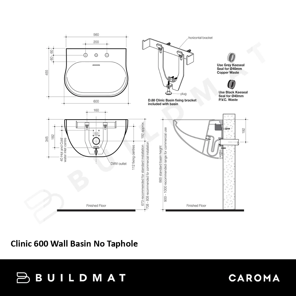 Caroma Clinic 600 Wall Basin No Taphole White - Image 4