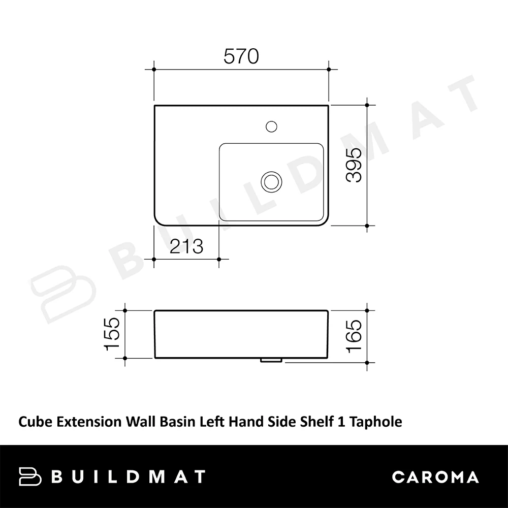 Caroma Cube Extension Wall Basin Left Hand Side Shelf 1 Taphole White - Image 4