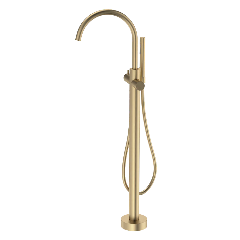 Caroma Liano II Freestanding Bath Filler with Hand Shower Sales Kit Brushed Brass
