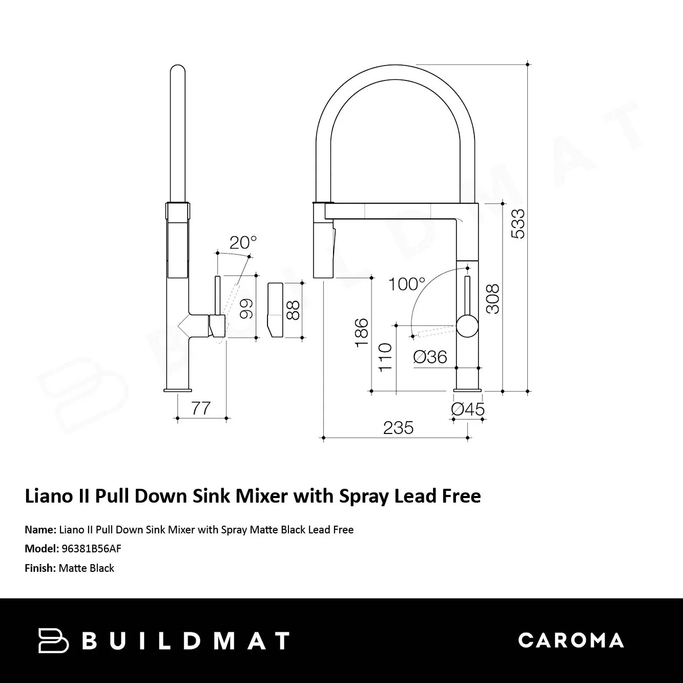 Caroma Liano II Pull Down Sink Mixer with Spray Matte Black Lead Free - Image 4