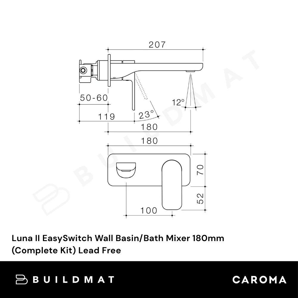Caroma Luna II EasySwitch Wall Basin/Bath Mixer 180mm (Complete Kit) Satin Black Lead Free - Image 4
