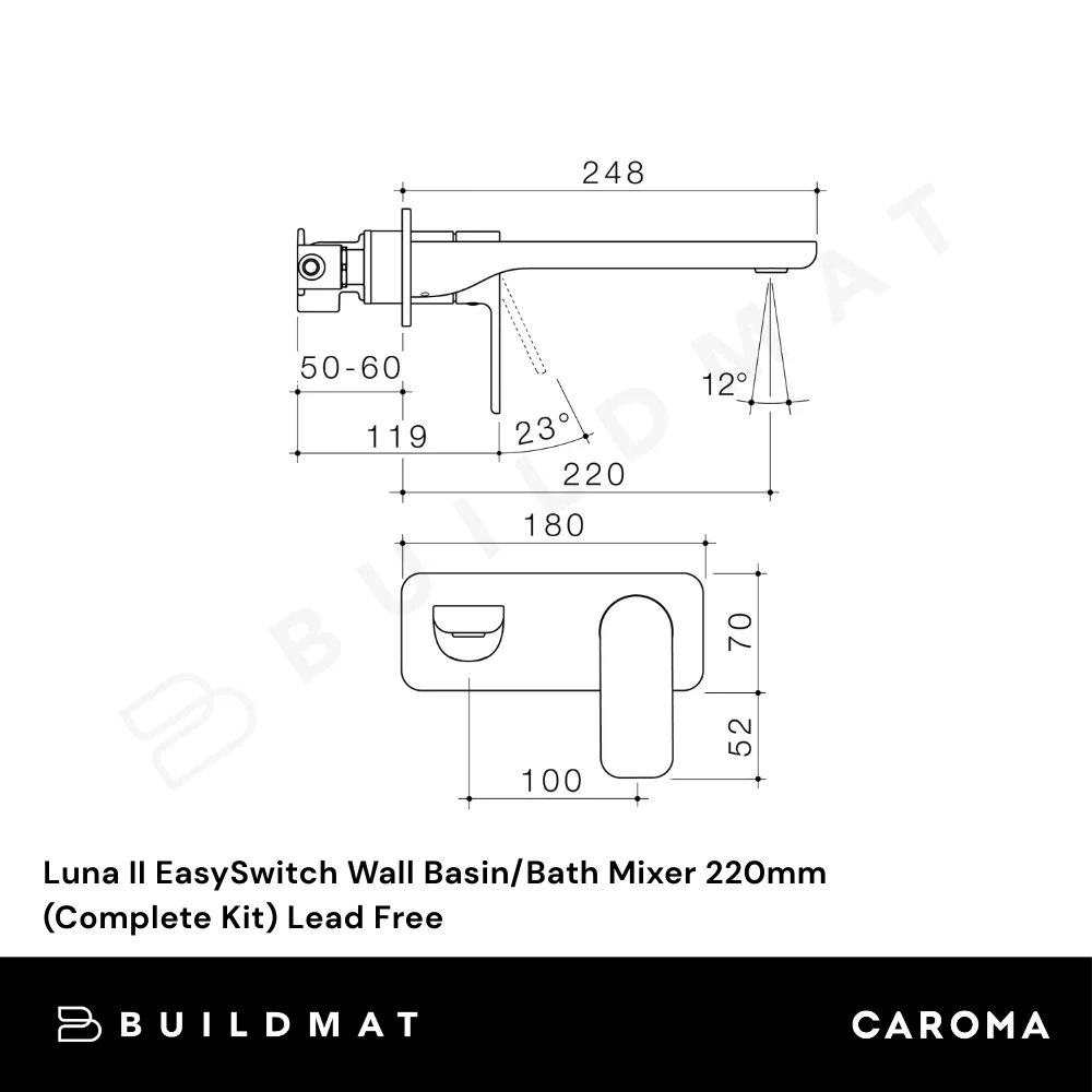 Caroma Luna II EasySwitch Wall Basin/Bath Mixer 220mm (Complete Kit) Satin Black Lead Free - Image 4