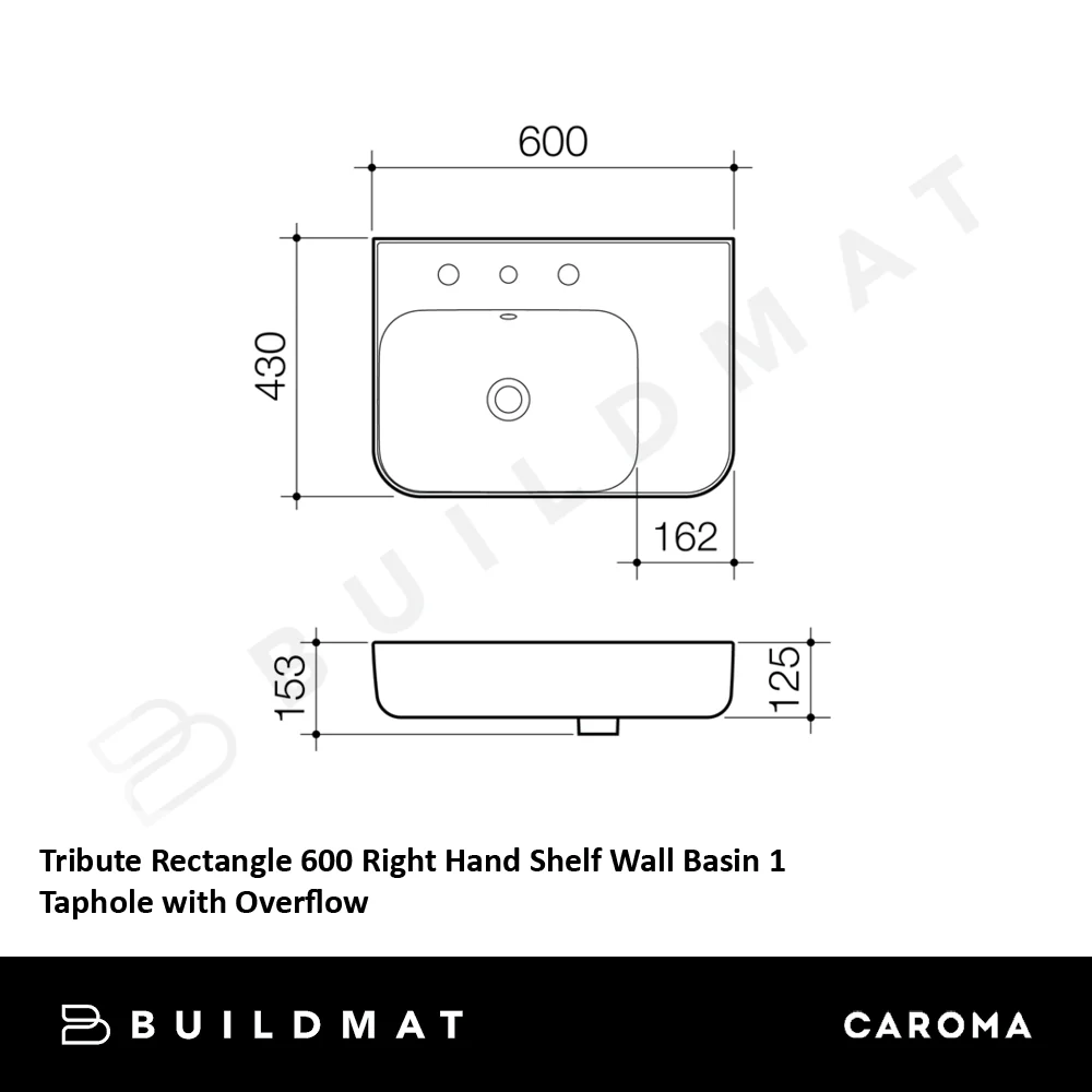 Caroma Tribute Rectangle 600 Right Hand Shelf Wall Basin 1 Taphole with Overflow White - Image 4