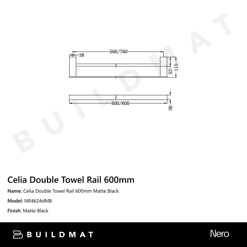 Nero Celia Double Towel Rail 600mm Matte Black - Image 4