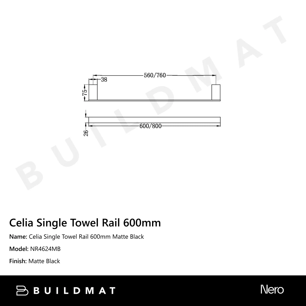 Nero Celia Single Towel Rail 600mm Matte Black - Image 4