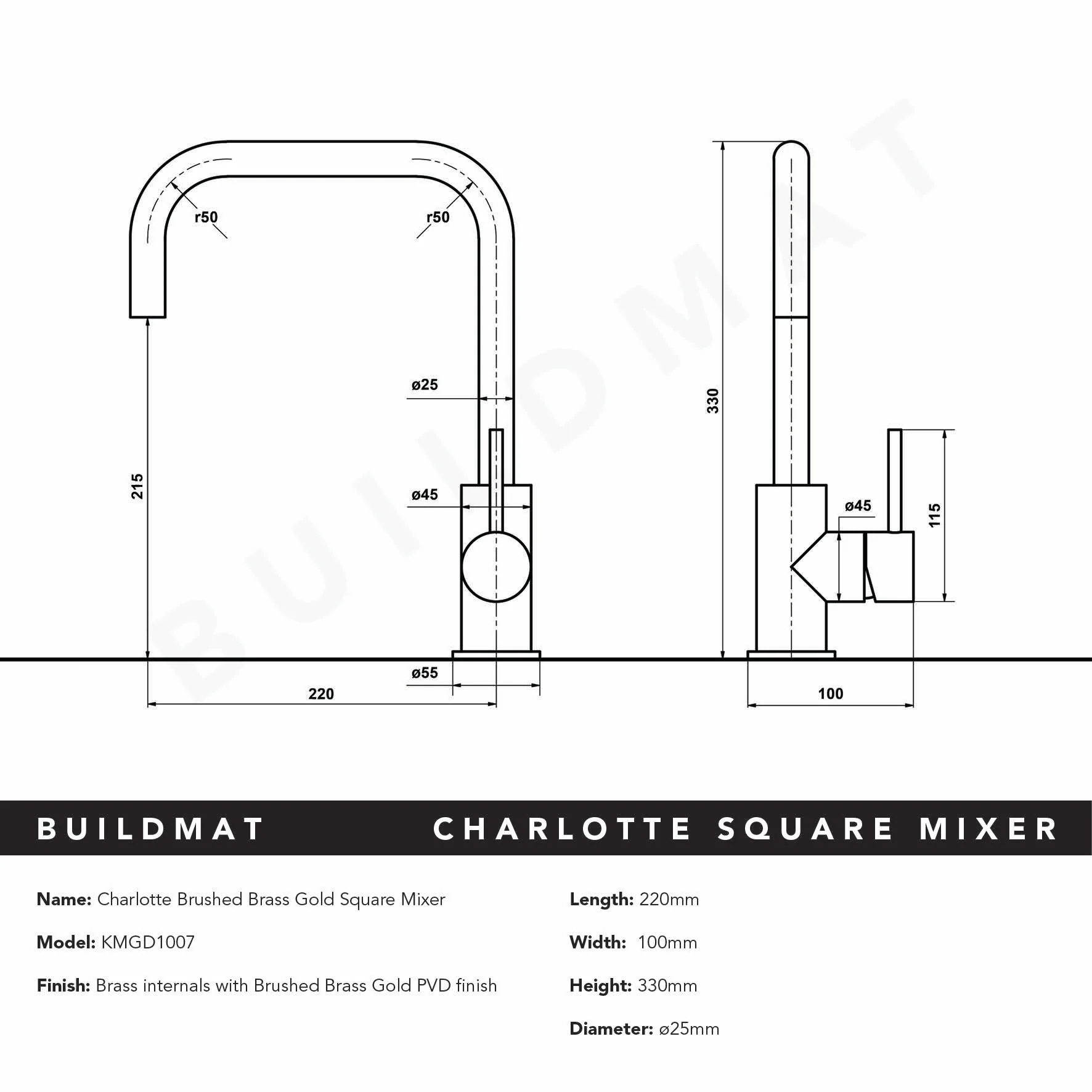 Alma Charlotte Brushed Brass Gold Square Mixer - Image 6