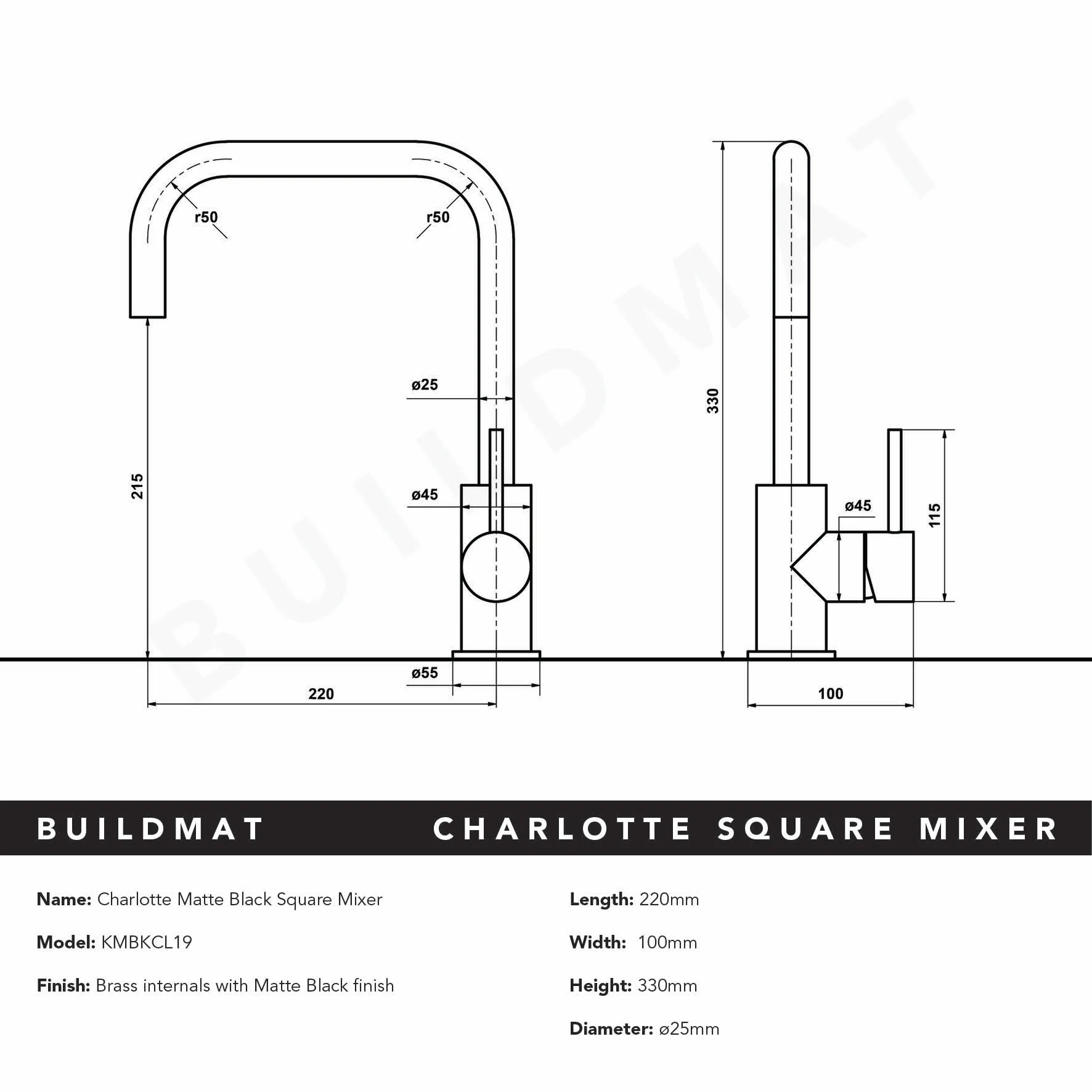 Alma Charlotte Matte Black Square Mixer - Image 7
