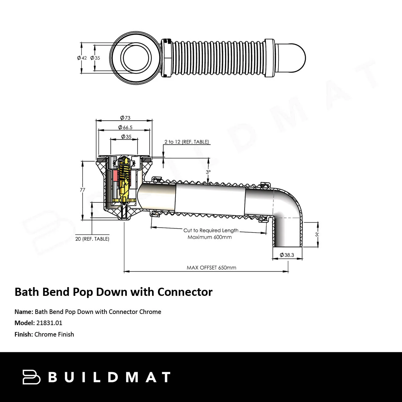 Art Australia Chrome 40mm Bath Bend Pop Down with Connector - Image 4