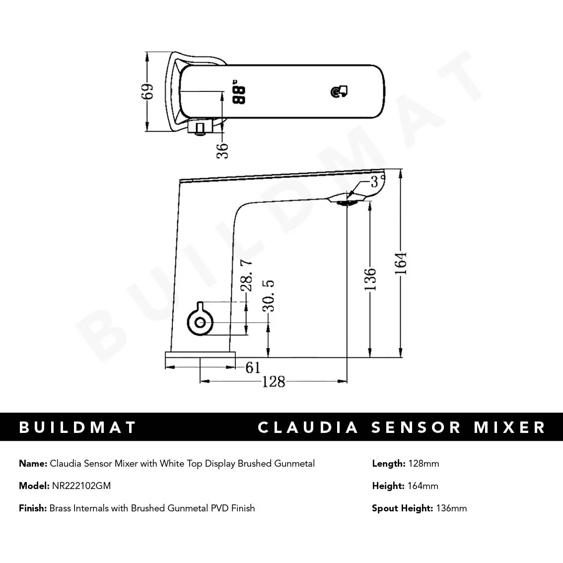 Nero Claudia Sensor Mixer with White Top Display Brushed Gunmetal - Image 4