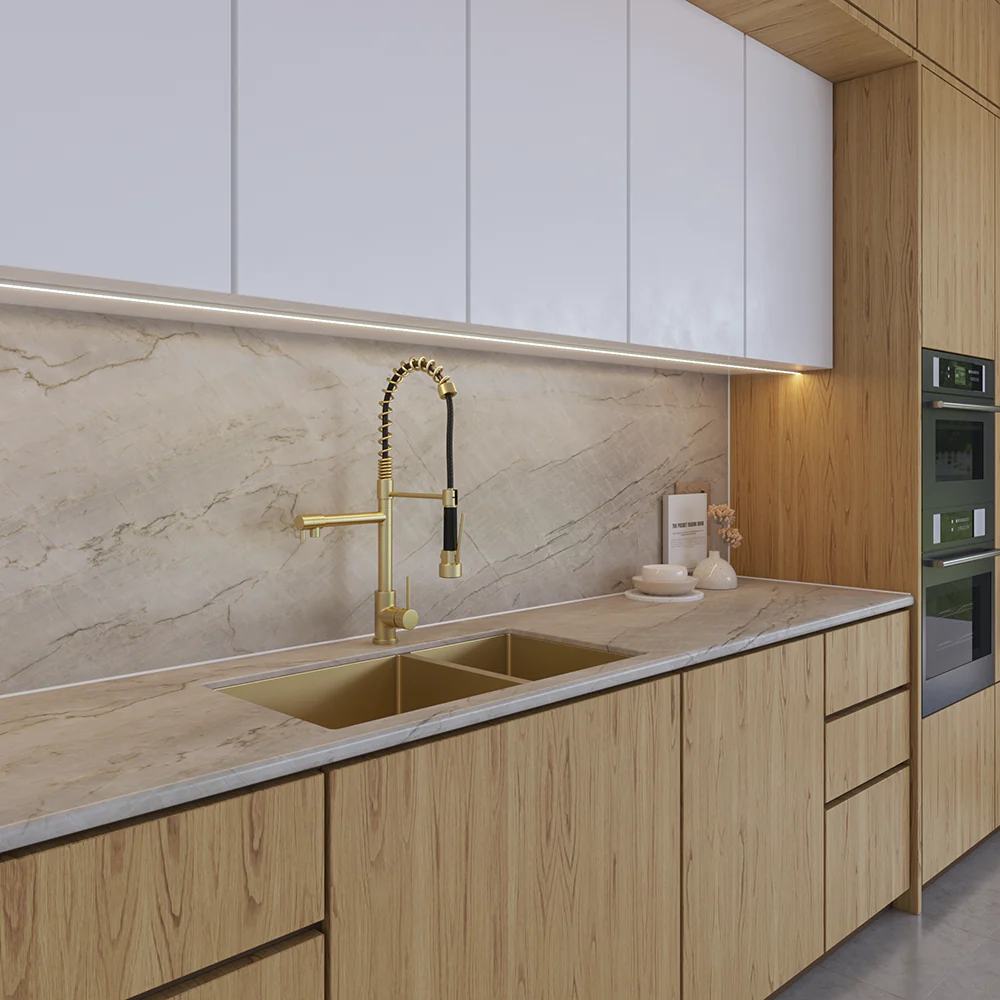 Alma Cleo Brushed Brass Gold Pull Down Dual Spray Mixer - Image 4