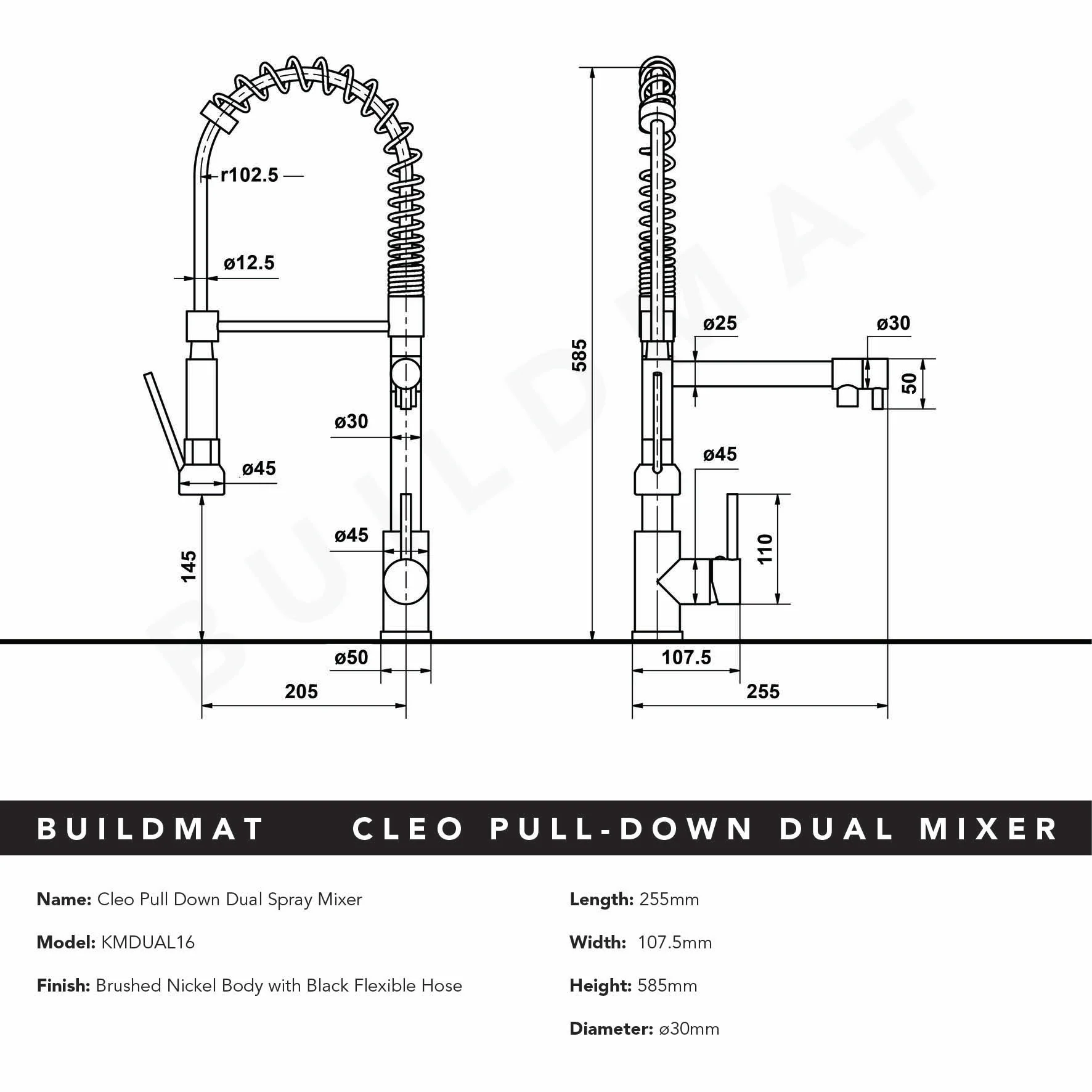 Alma Cleo Brushed Nickel Pull Down Dual Spray Mixer - Image 9
