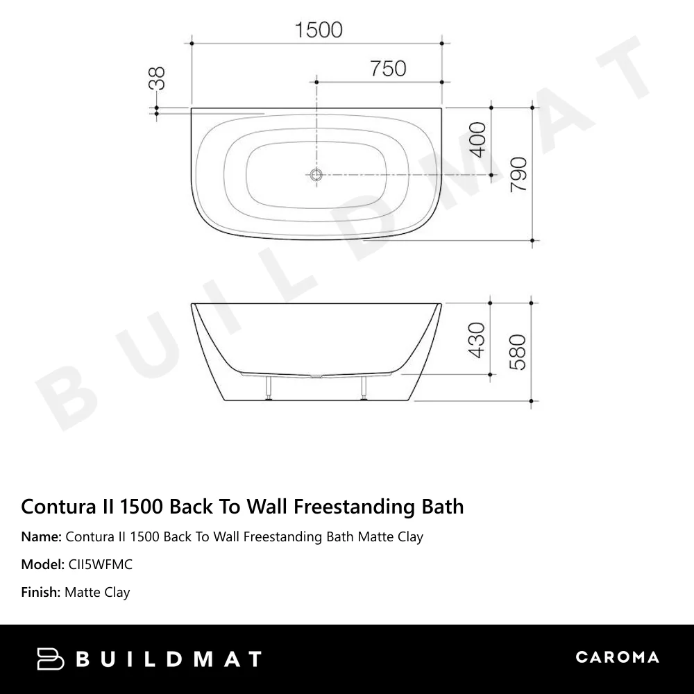 Caroma Contura II 1500 Back To Wall Freestanding Bath Matte Clay - Image 4