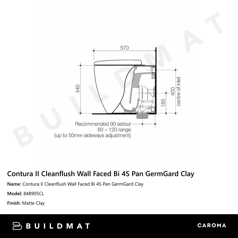 Caroma Contura II Cleanflush Wall Faced (Bottom Inlet) 4S Pan GermGard Clay - Image 4