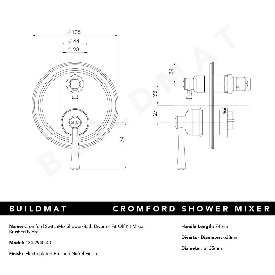 Phoenix Cromford SwitchMix Shower/Bath Divertor Mixer Fit-Off Kit Brushed Nickel - Image 4