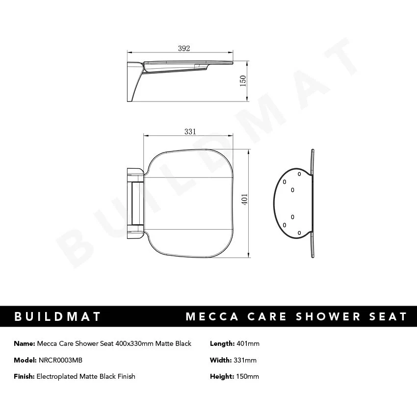 Nero Mecca Care Shower Seat 400x330mm Matte Black - Image 4