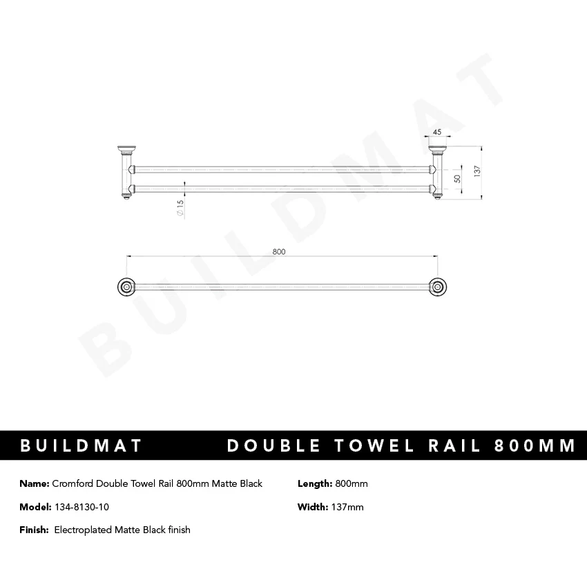 Phoenix Cromford Double Towel Rail 800mm Matte Black - Image 4