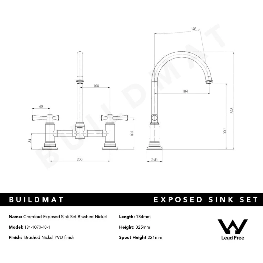Phoenix Cromford Exposed Sink Set Lead Free Brushed Nickel - Image 4
