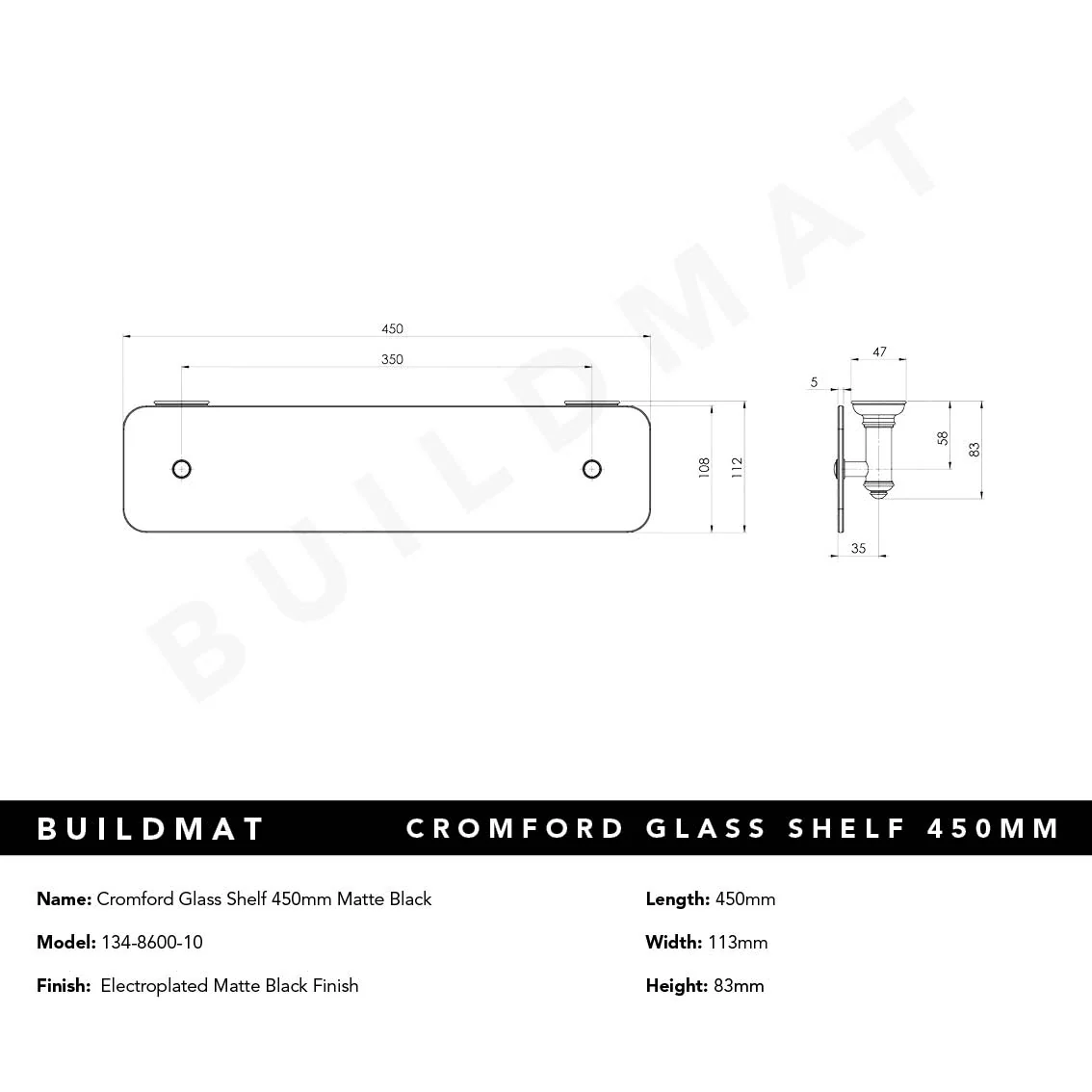 Phoenix Cromford Glass Shelf 450mm Matte Black - Image 4