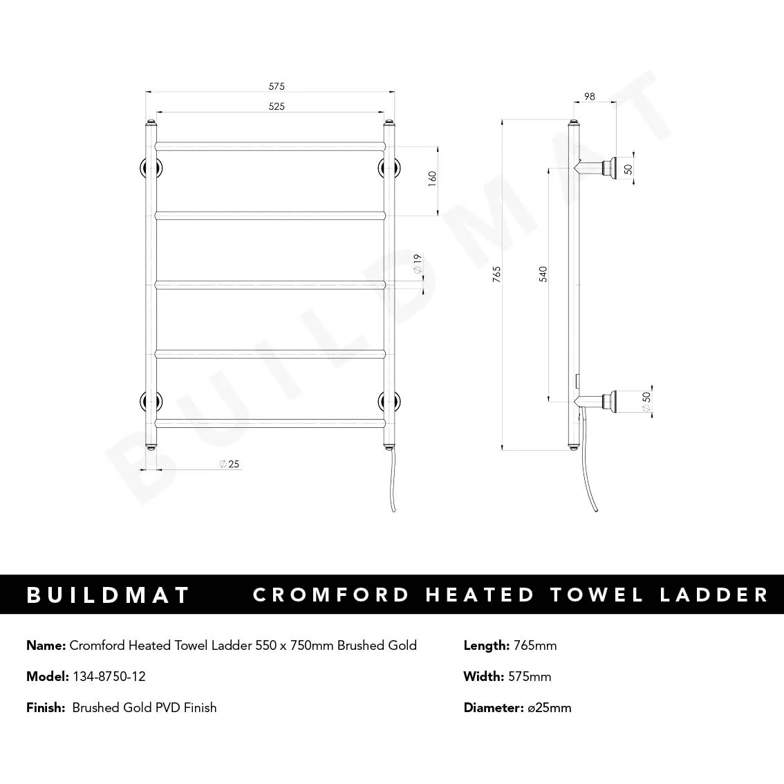 Phoenix Cromford Heated Towel Ladder 550x750mm Brushed Gold - Image 5