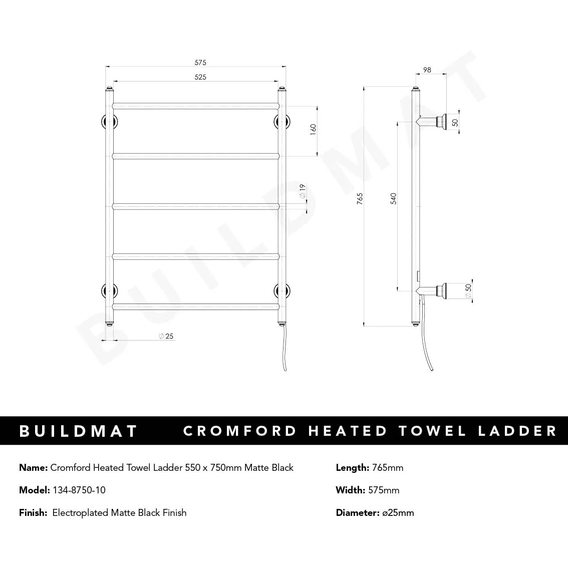 Phoenix Cromford Heated Towel Ladder 550x750mm Matte Black - Image 4