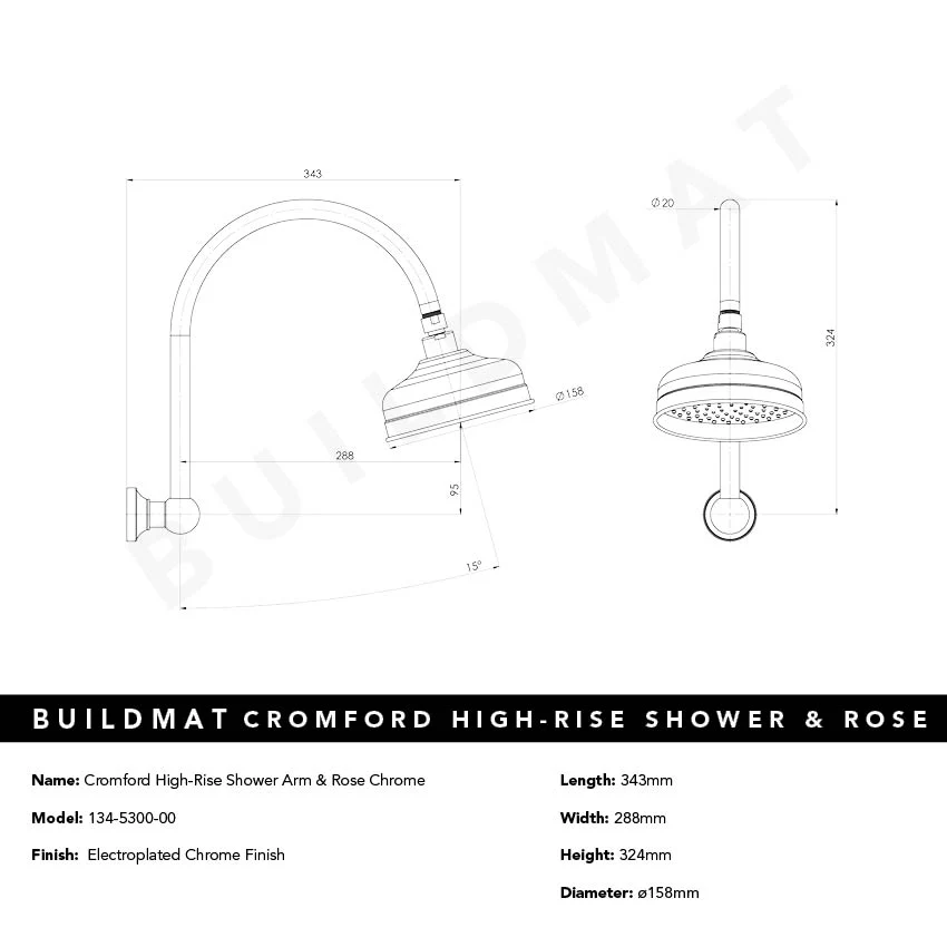 Phoenix Cromford High-Rise Shower Arm and Rose Chrome - Image 6