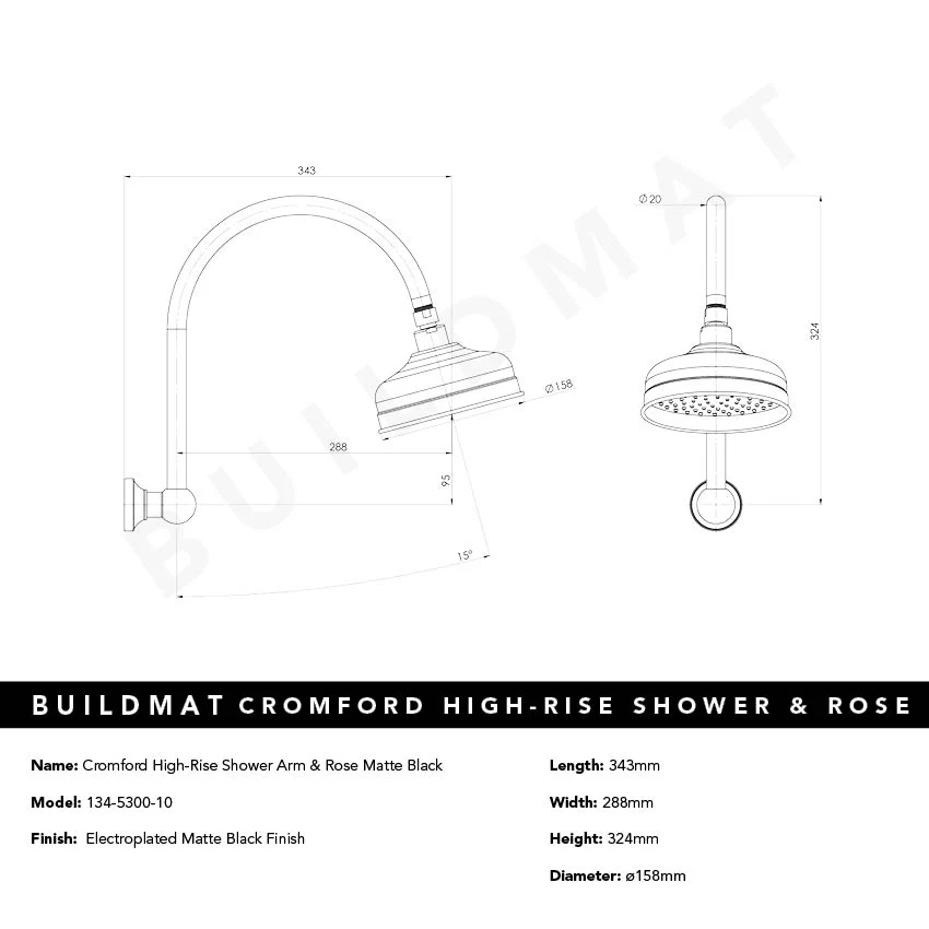 Phoenix Cromford High-Rise Shower Arm and Rose Matte Black - Image 4