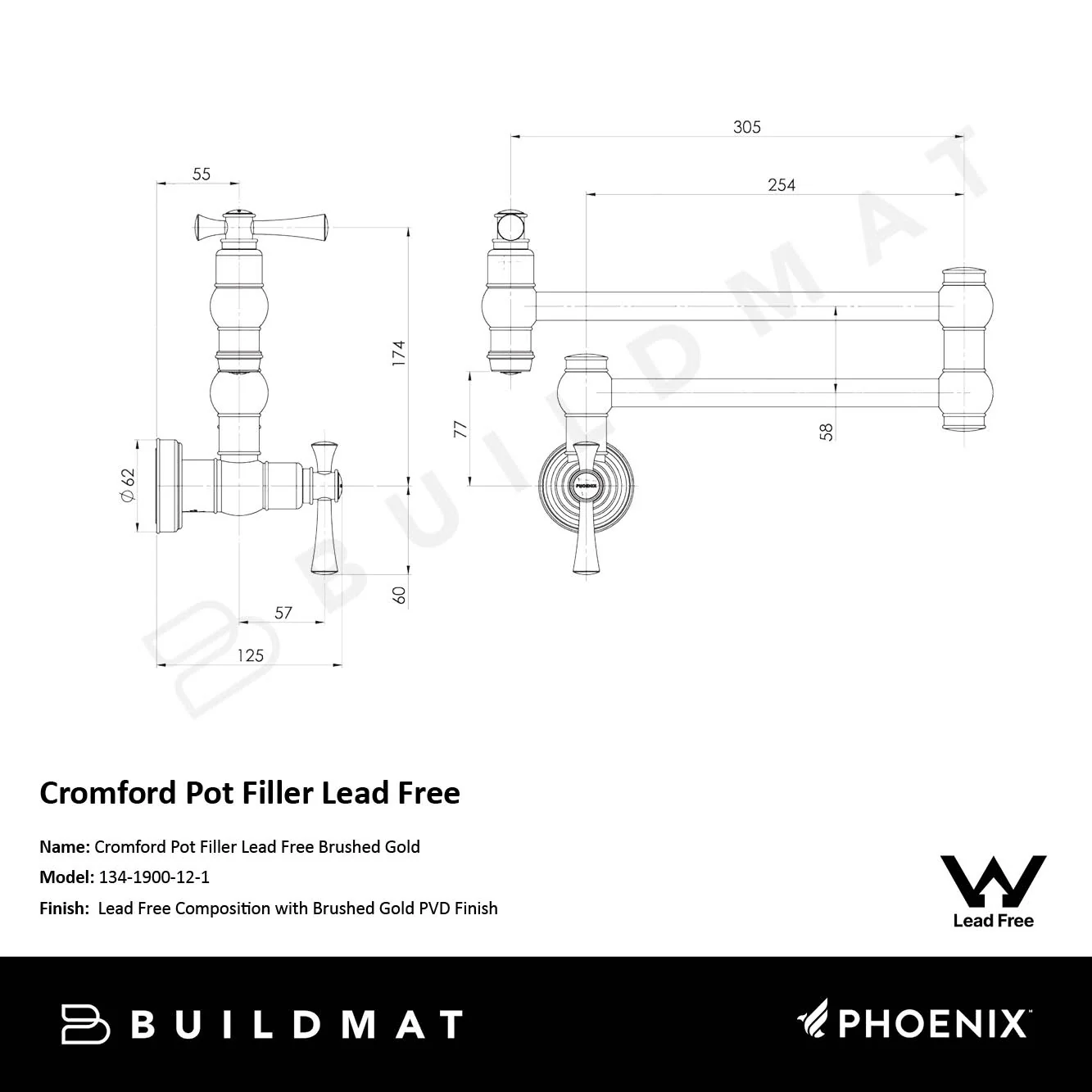 Phoenix Cromford Pot Filler Lead Free Brushed Gold - Image 4