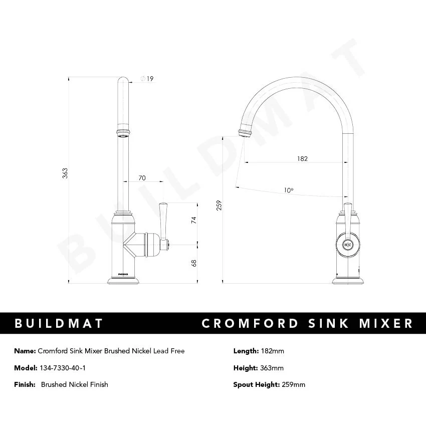 Phoenix Cromford Sink Mixer Brushed Nickel Lead Free - Image 5