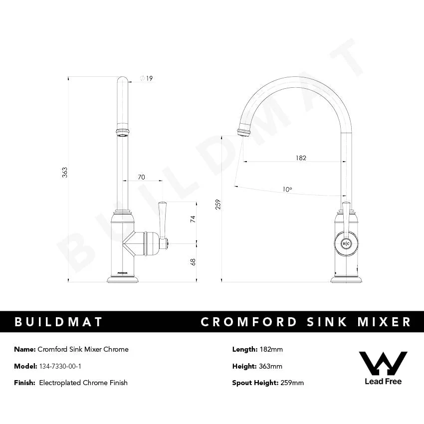 Phoenix Cromford Sink Mixer Lead Free Chrome - Image 5