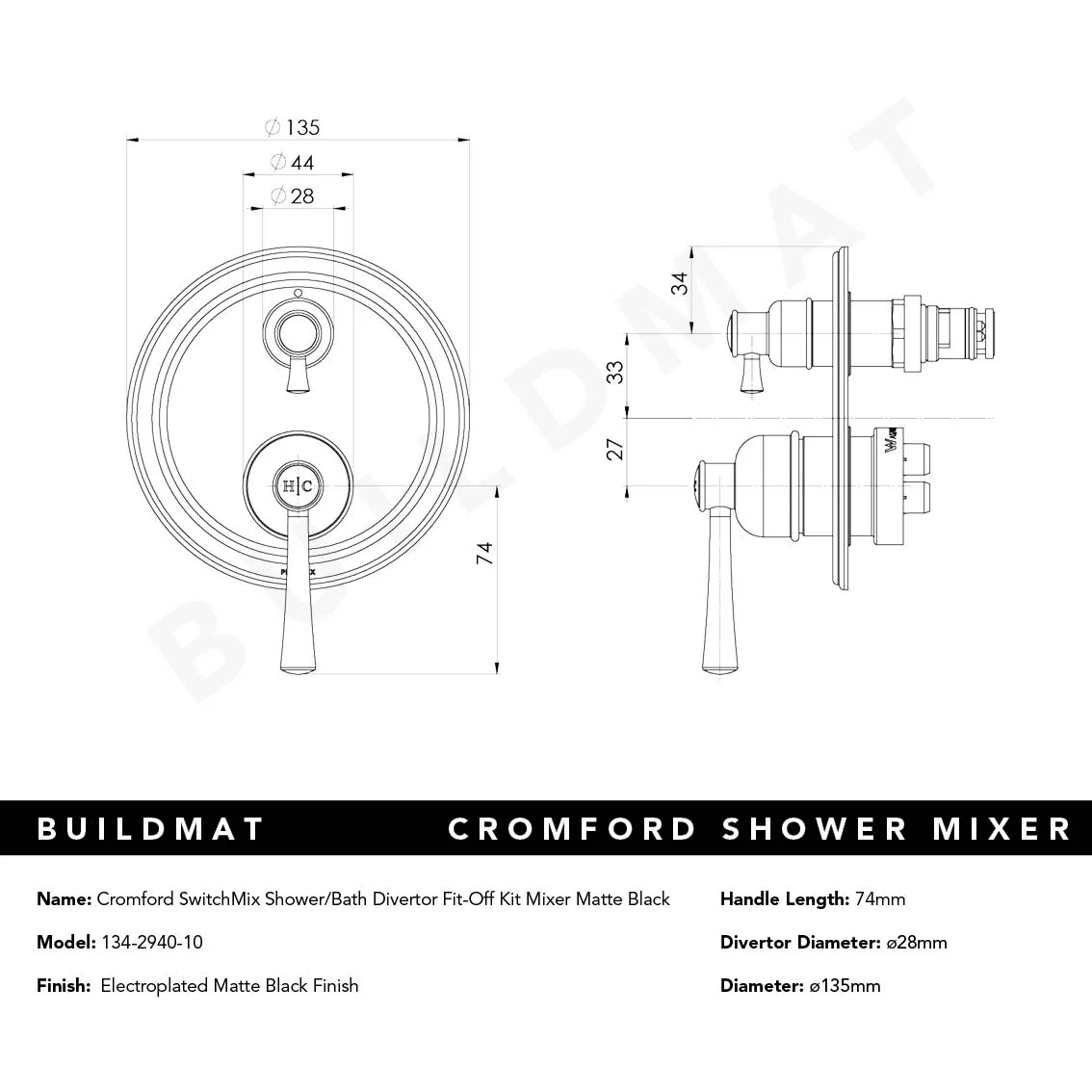 Phoenix Cromford SwitchMix Shower/Bath Divertor Mixer (Fit-Off Kit) Matte Black - Image 4