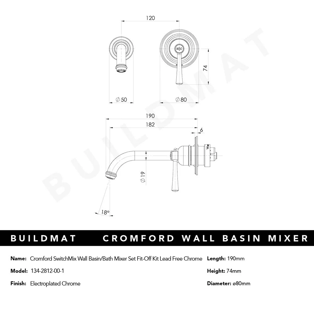 Phoenix Cromford SwitchMix Wall Basin/Bath Mixer Set (Fit-Off Kit) Lead Free Chrome - Image 4
