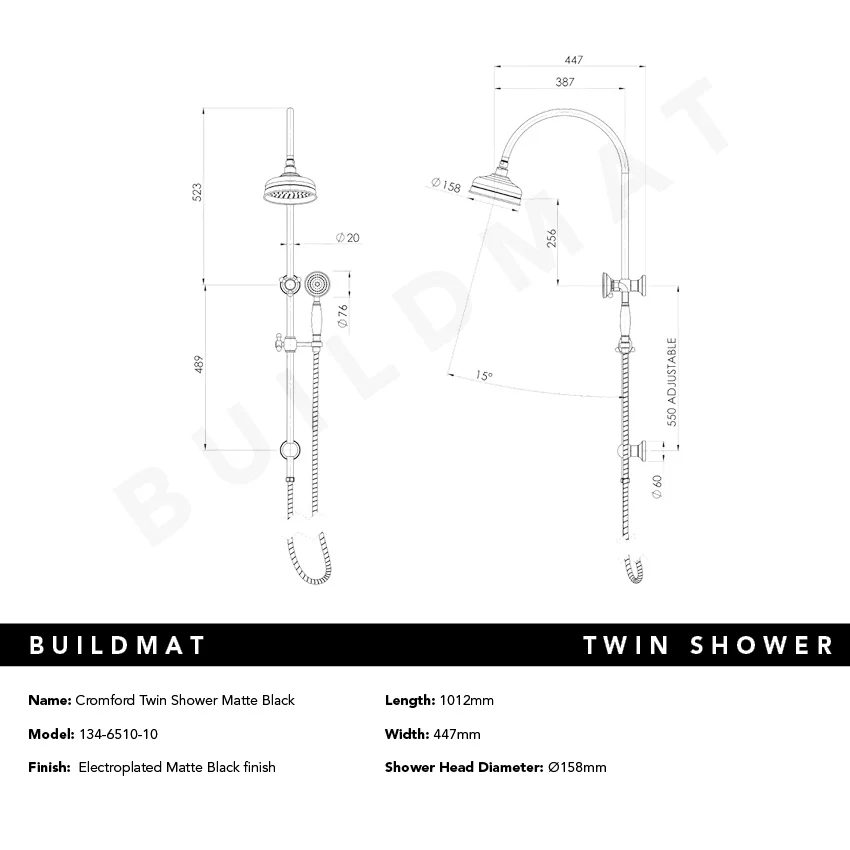 Phoenix Cromford Twin Shower Matte Black - Image 4