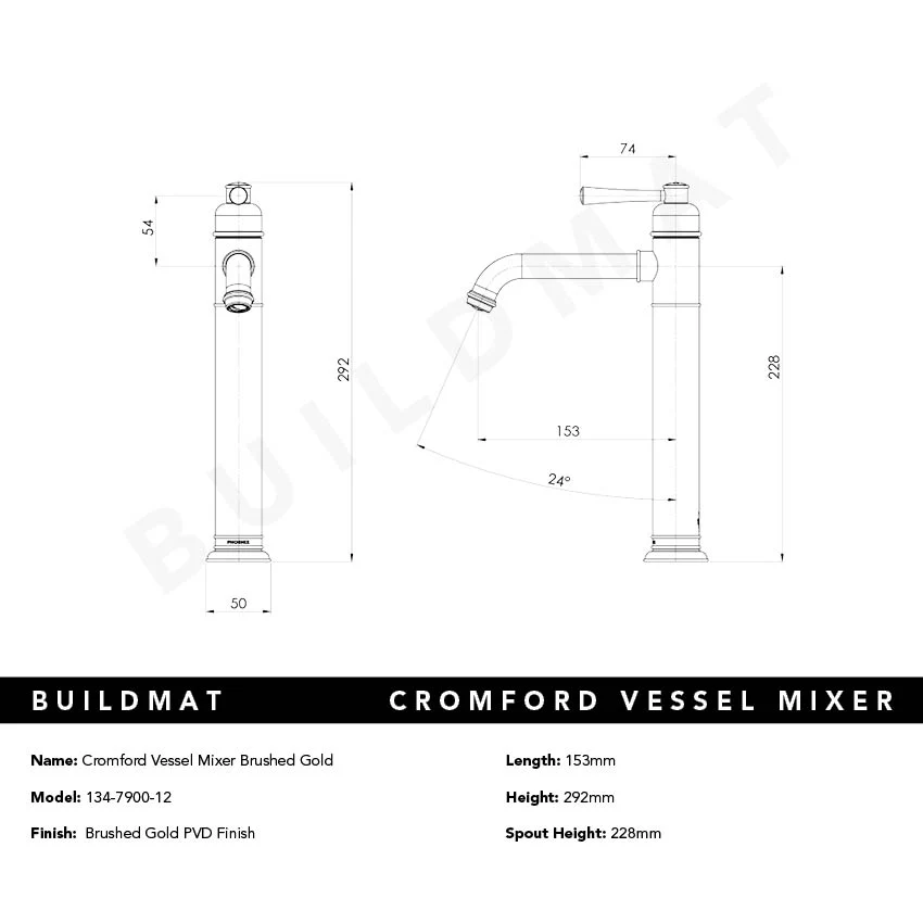 Phoenix Cromford Vessel Mixer Brushed Gold - Image 4