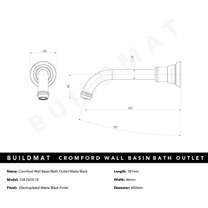 Phoenix Cromford Wall Basin / Bath Outlet Matte Black - Image 4