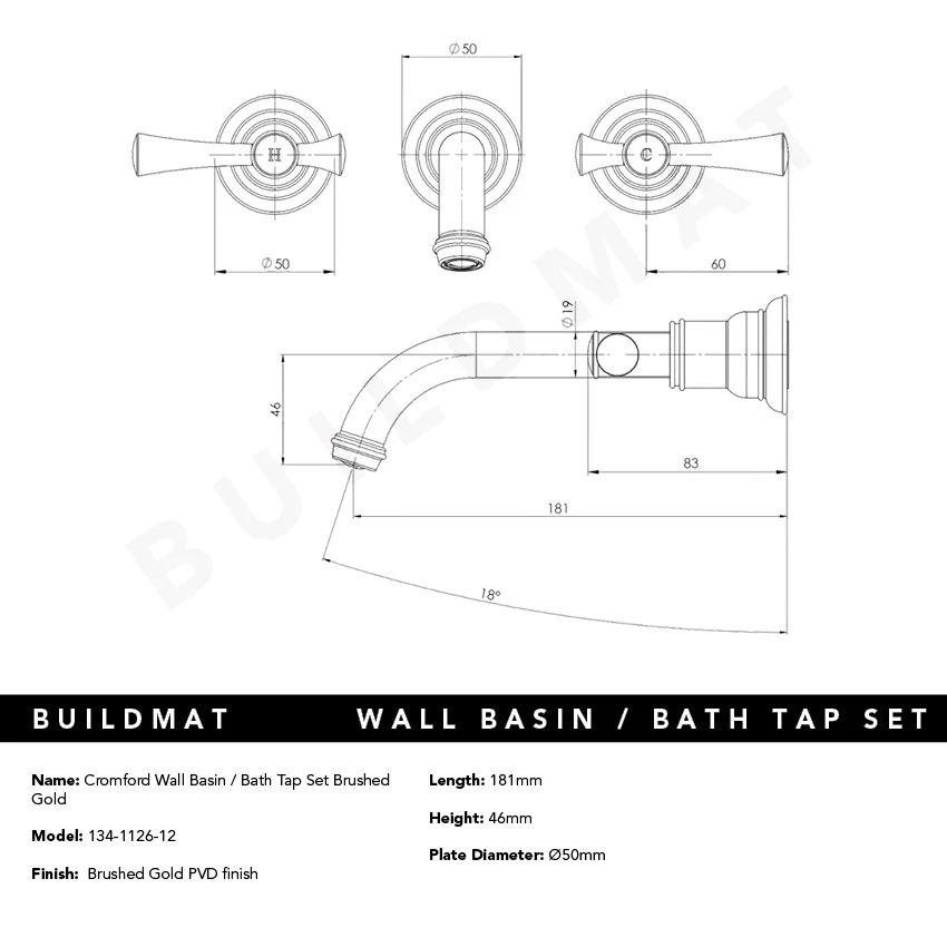 Phoenix Cromford Wall Basin / Bath Tap Set Brushed Gold - Image 4